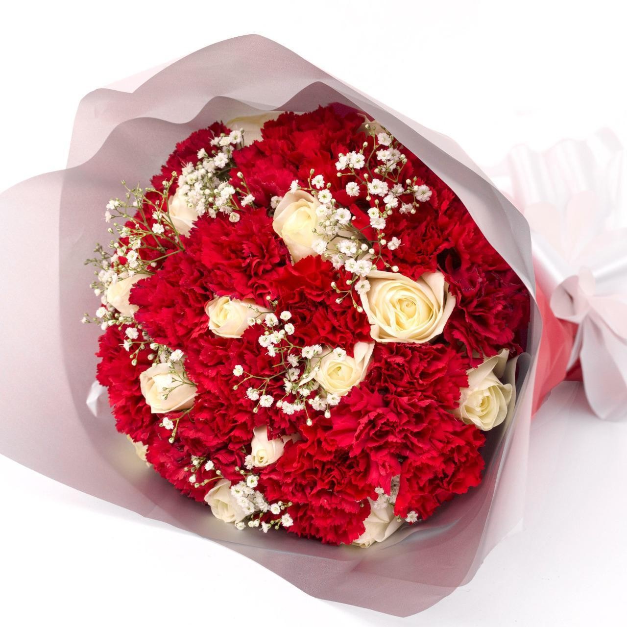 Red Carnations and White Roses Bouquet